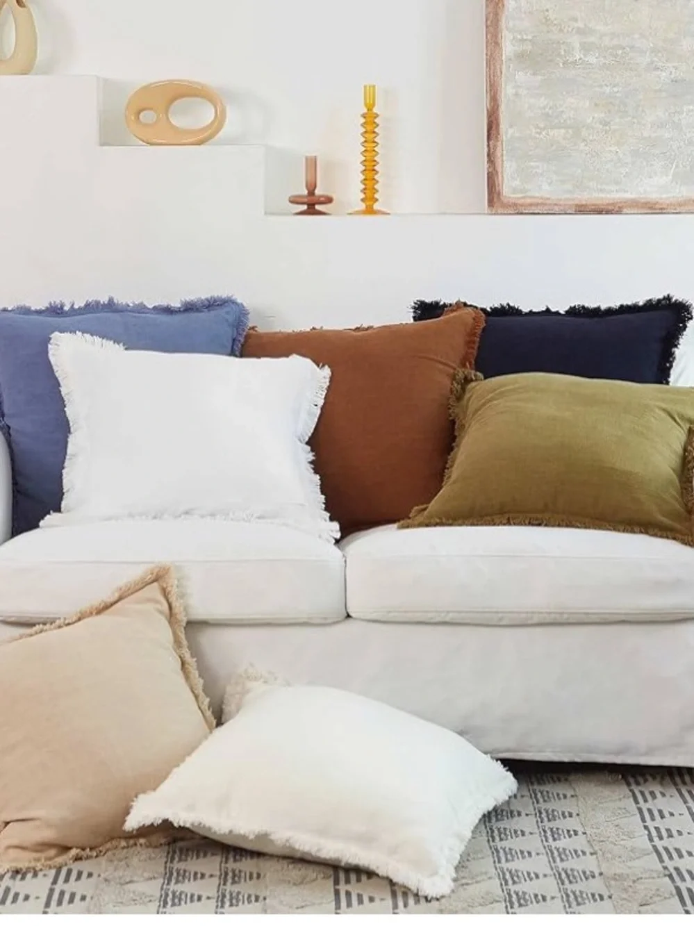 Atlinea Brown  and white Fringe Linen Throw Pillow Cover
